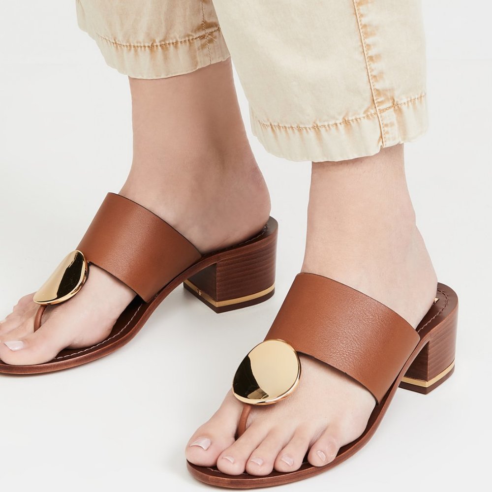 Tory Burch PATOS DISK 45MM SANDAL Mou Brown Gold STUNNING AND COMFORTABLE! - Picture 2 of 10